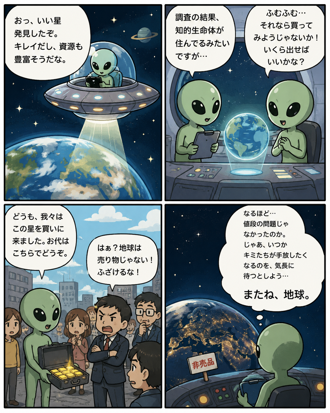 地球は非売品と断られ「またね、地球」と去る宇宙人の4コマ漫画