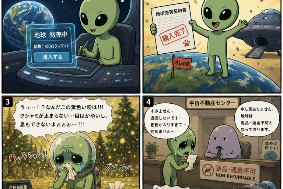 地球を買いに来た宇宙人が花粉症に苦しむ4コマ漫画