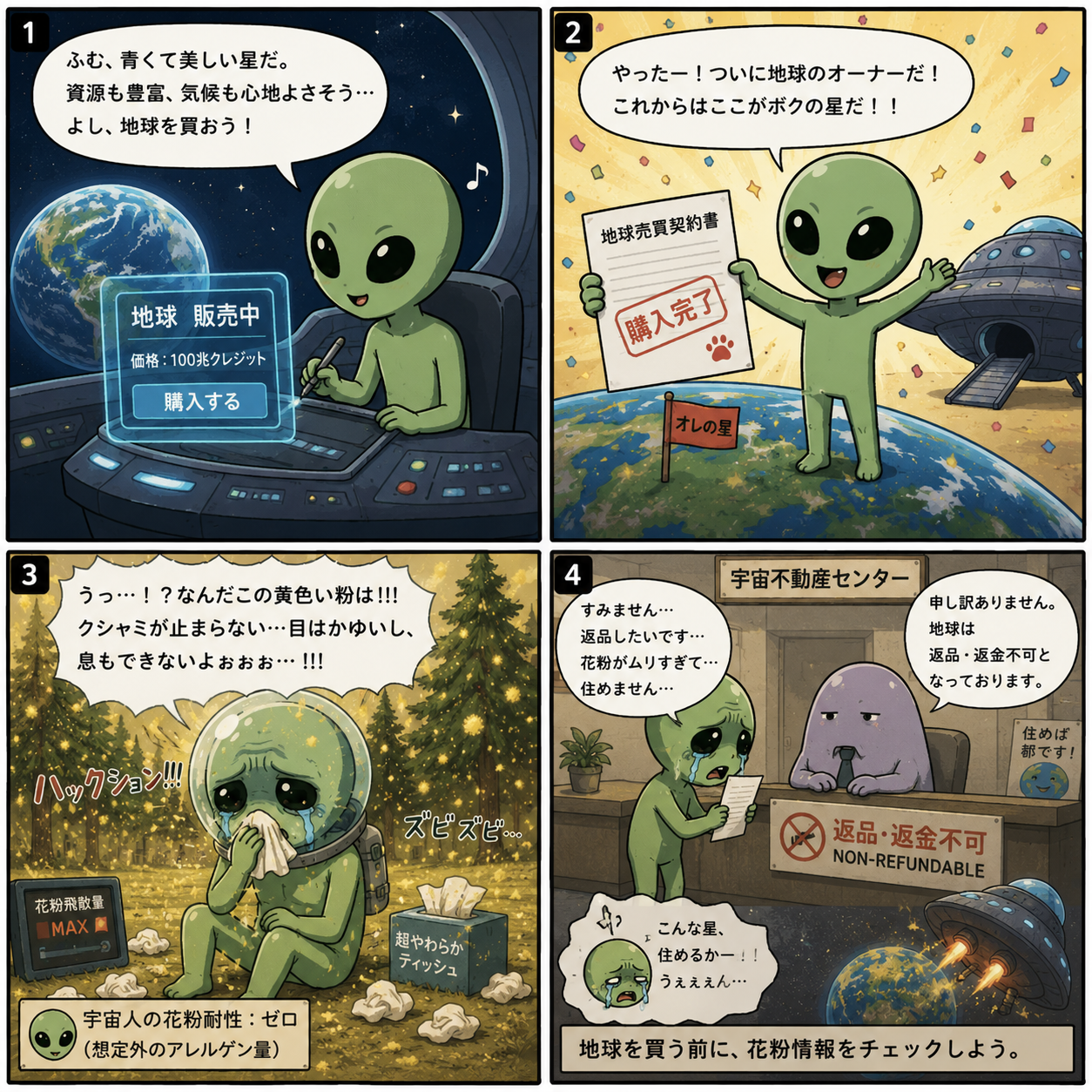 地球を買いに来た宇宙人が花粉症に苦しむ4コマ漫画