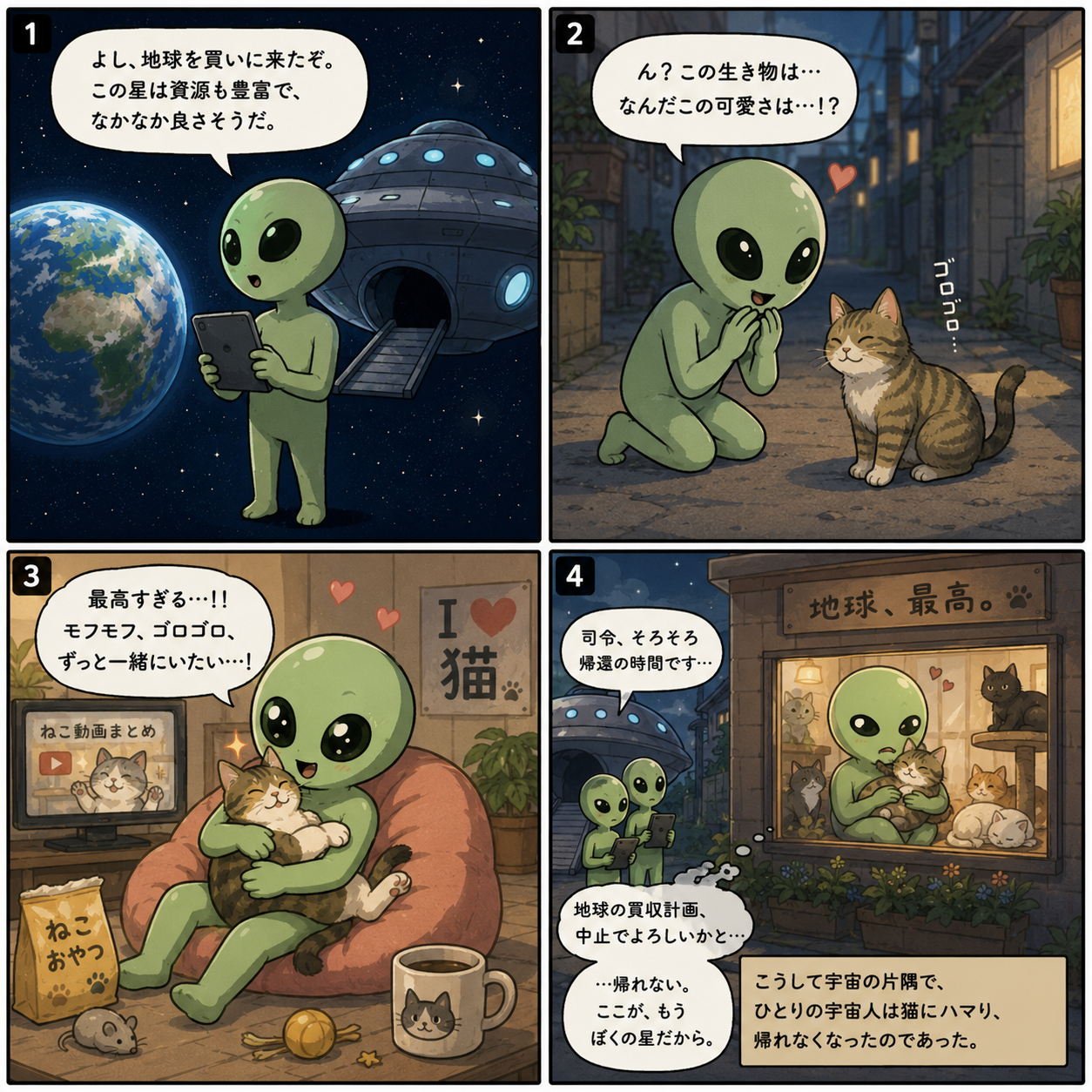 地球を買いに来た宇宙人が猫にハマって帰れなくなる4コマ漫画