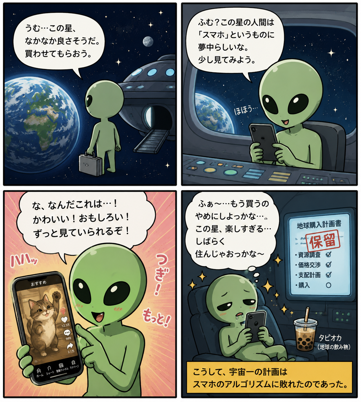 地球を買いに来た宇宙人がスマホにハマって買収計画を保留する4コマ漫画