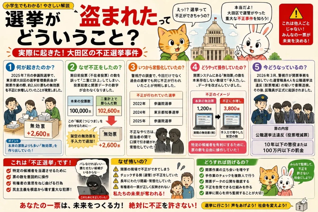 選挙不正解説インフォグラフィック(大田区事件詳細版)