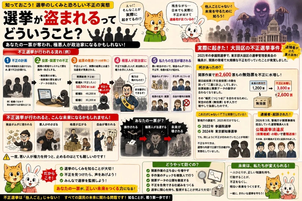 選挙不正解説インフォグラフィック(大田区事件+シナリオ版)