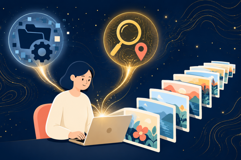 GeminiとClaude Codeが役割分担して写真を整理するイメージイラスト