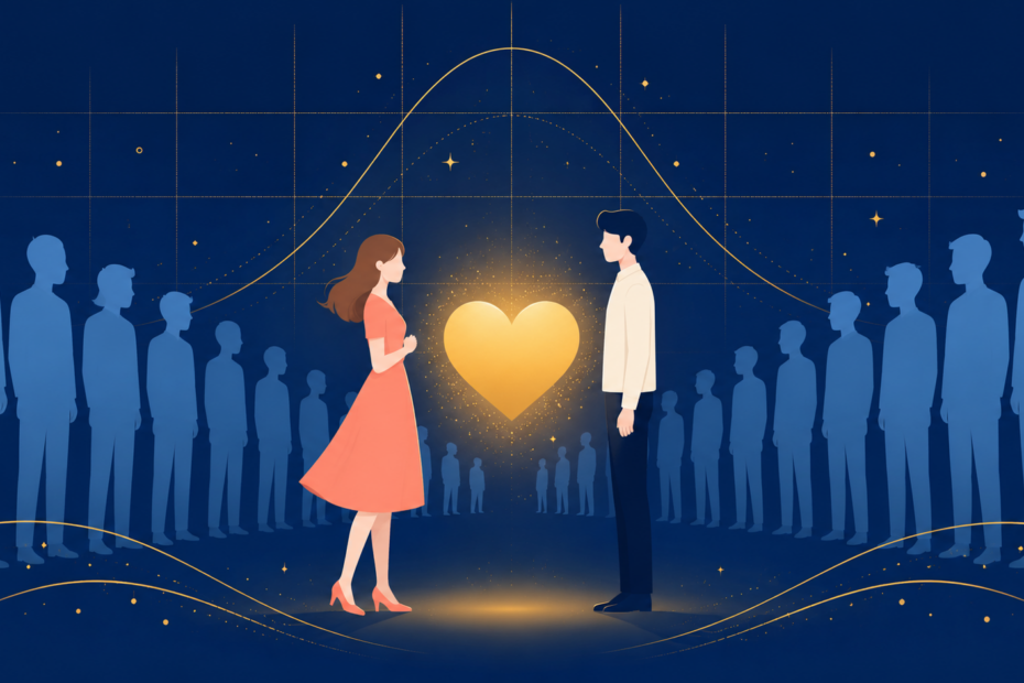 中央で女性と男性が向かい合い、二人の間で金色のハートが輝き、周囲には選ばれなかった男性たちの青いシルエットと分布曲線が並ぶイラスト