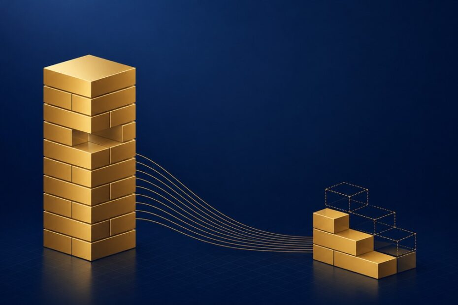 濃紺の背景に、左側に高く積み上がった金色のブロックの塔、右側に低い塔があり、右の塔ではいくつかのブロックが輪郭だけになって消えている図