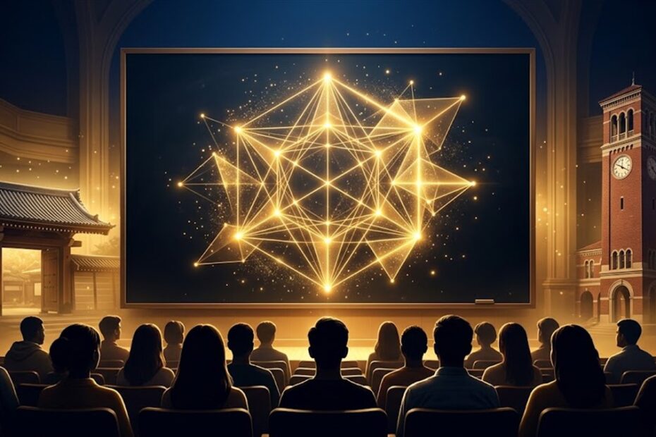 黒板に光る幾何学構造と、日米の大学を象徴する門と時計塔、講義を聴く学生たち