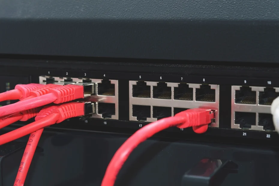 ネットワークスイッチに挿さった赤いLANケーブル（社内ツールとの接続のイメージ）