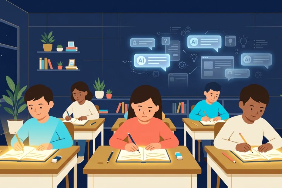 教室で子どもたちが鉛筆でノートに書いている手前と、背後で薄れていくAIチャットの画面のイラスト