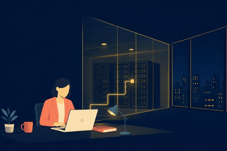 オフィスでノートPCを使う会社員と、ガラス壁の向こうのサーバーラックを金色の光の線が結び、窓の外には線が伸びていない図