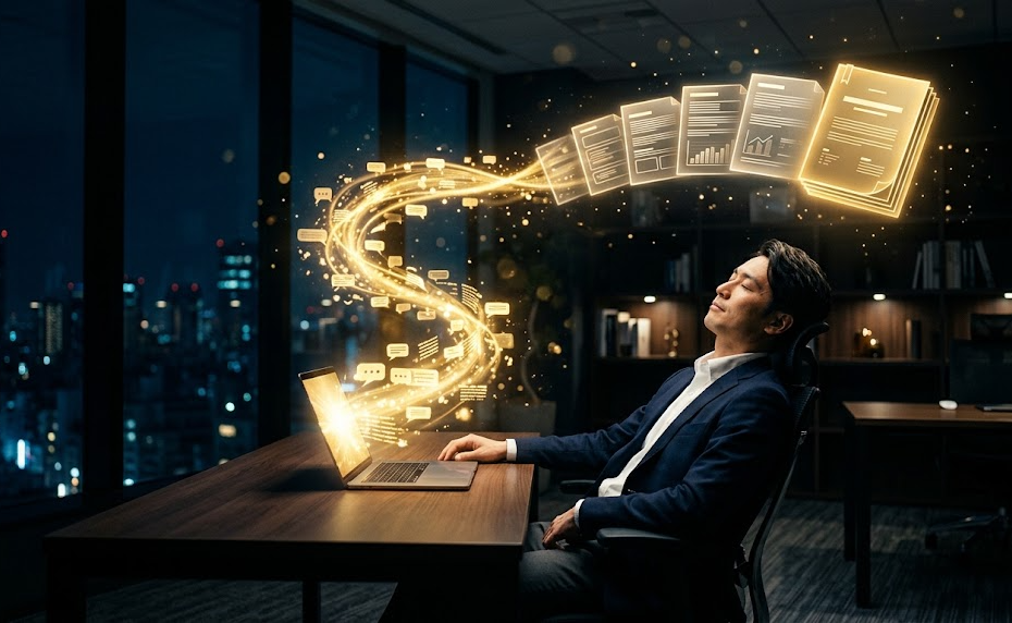 夜のオフィスで、パソコンから流れ出た金色の光の帯が提案書に組み上がっていく様子