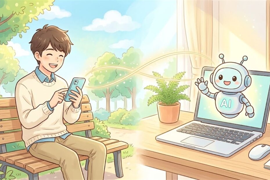 公園でスマホを持つ男性と、家のノートPCの中で手を振るロボット