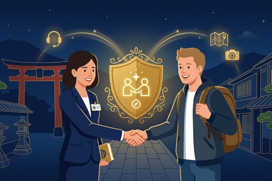 訪日旅行者と英語ガイドが握手するマッチングサービスのイメージ