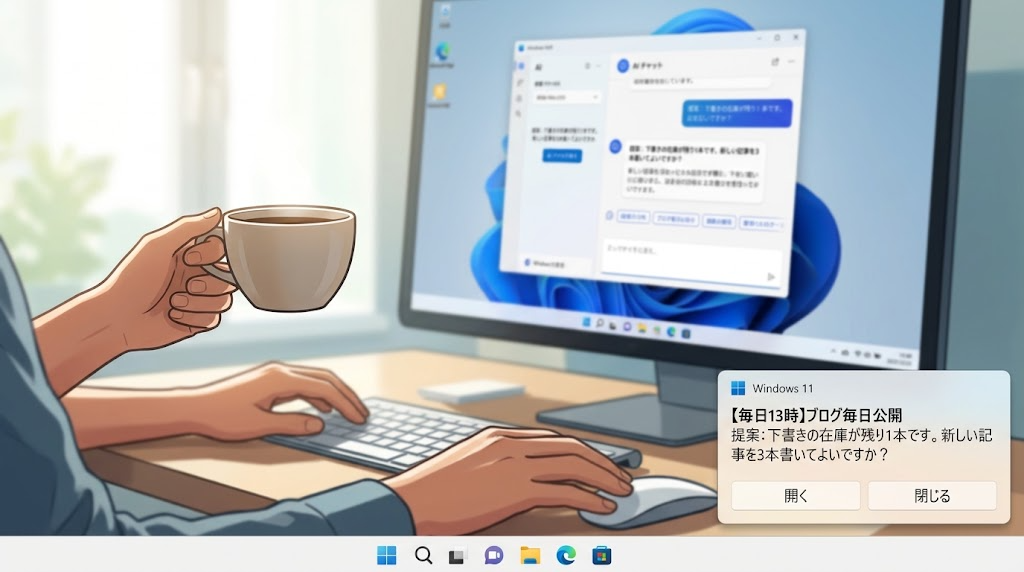 Windowsの右下に「開く」「閉じる」付きの通知が出ているイメージ